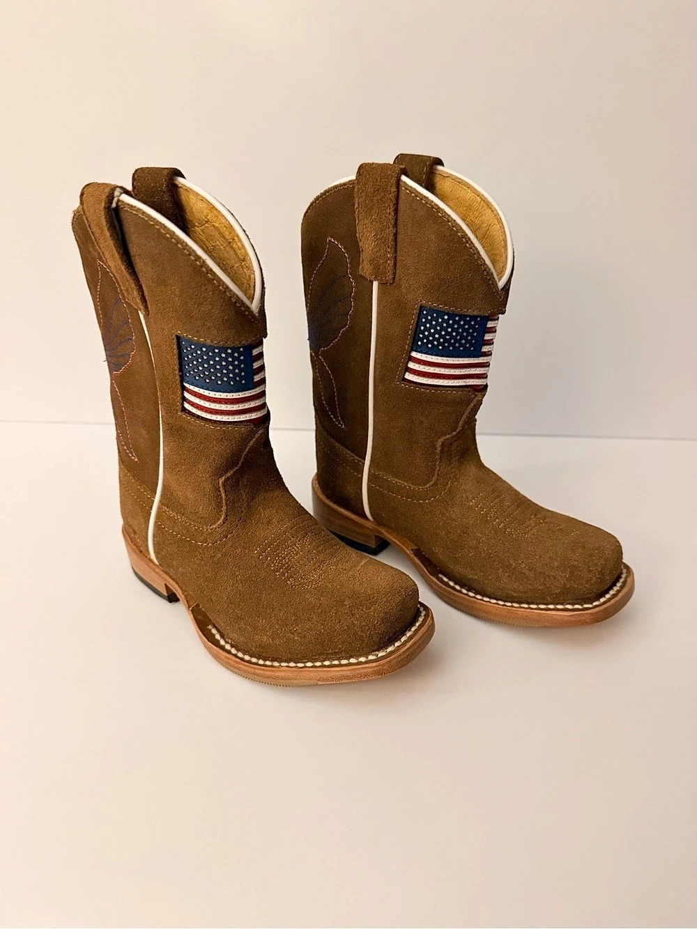 KEMO SABE KID’s Suede Western Cowboy Boots with American Flag Patch US 8